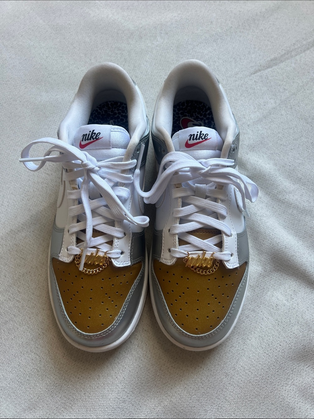 Nike Dunk Low Gold White Silver Leather Sneakers Womens Shoe Size 8.5 - Picture 10 of 11